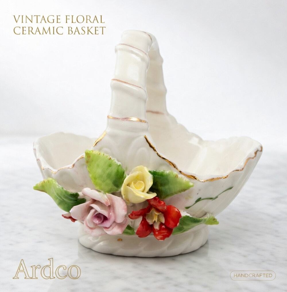 Vintage ARDCO Taiwan Porcelain Flower Basket Applied Roses Gold Trim 5 Inch